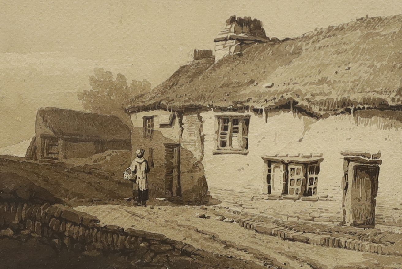 Samuel Prout (1783-1852), monochrome watercolour, Cottages in Devon, Fine Art Society label verso, 18 x 26cm